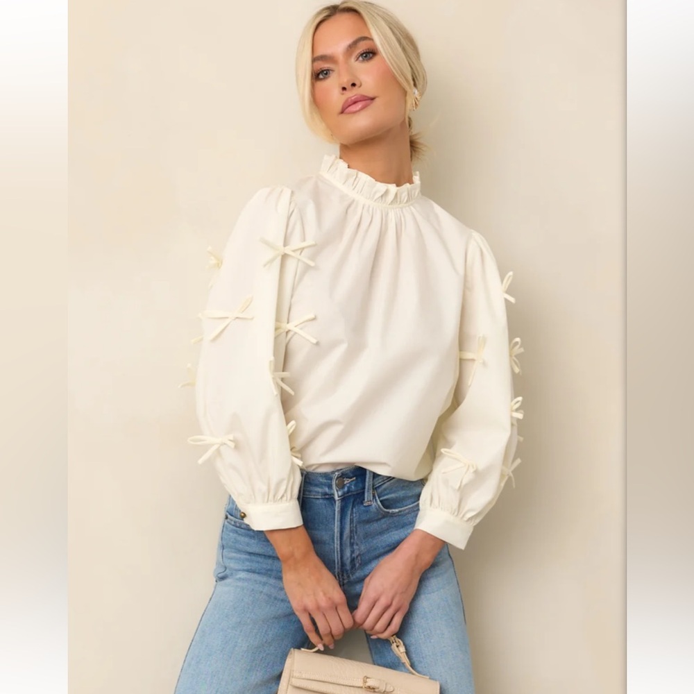 Elegant Cream Women's Top with Bow Accents